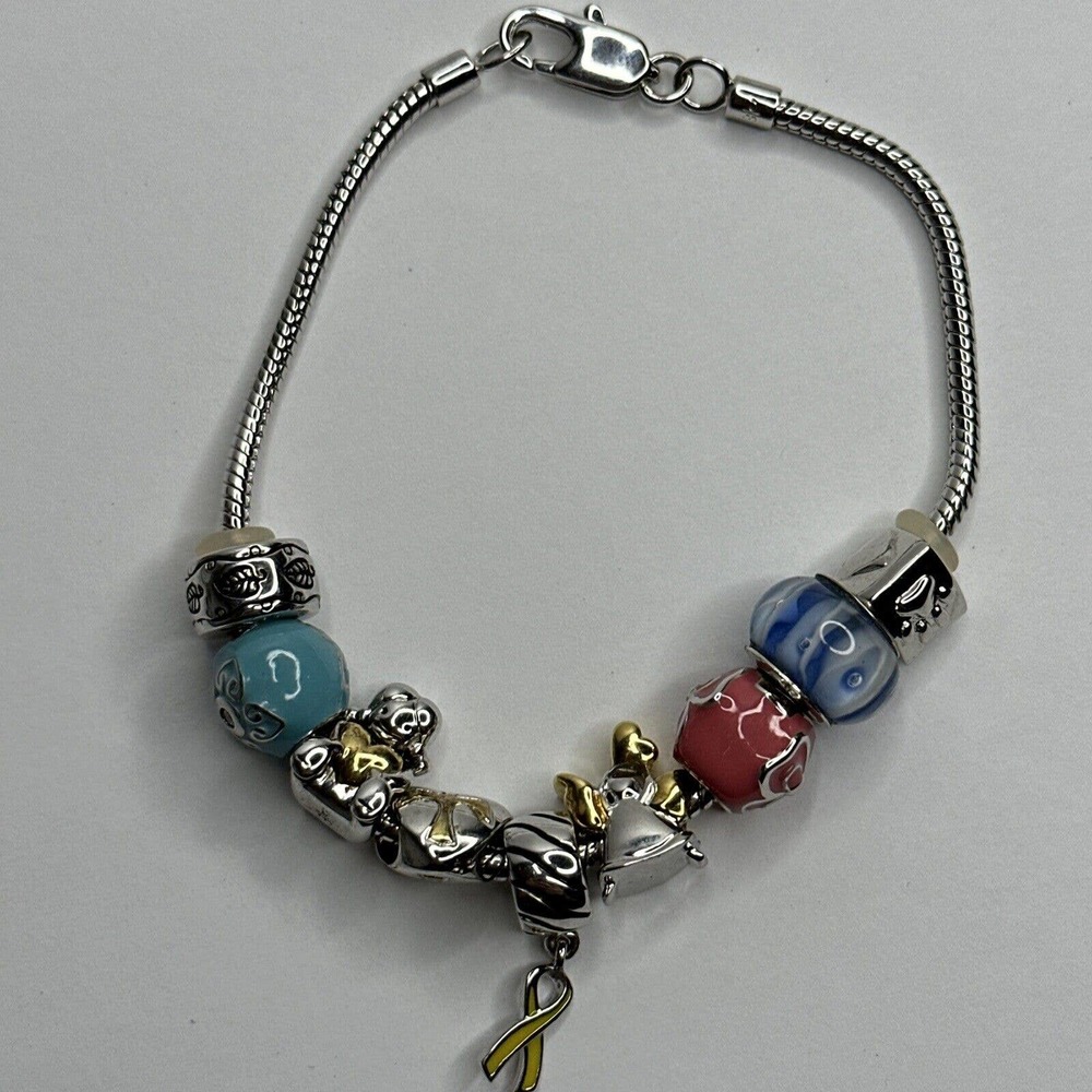 Ohm Sterling Silver European Charm Bracelet 9 Beads Angel Heart Dove Meow Flower